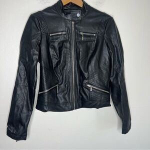 Guess black Faux leather Motor jacket Zipper Sz S fur lining
